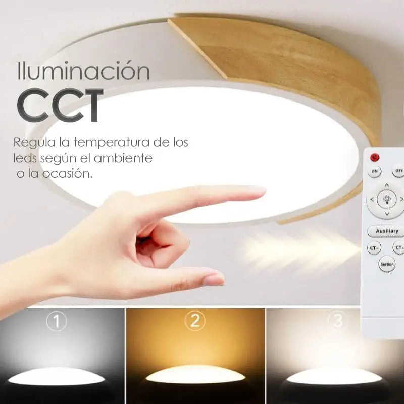 "Lámpara de Techo LED 24W de Madera Natural con Mando a Distancia